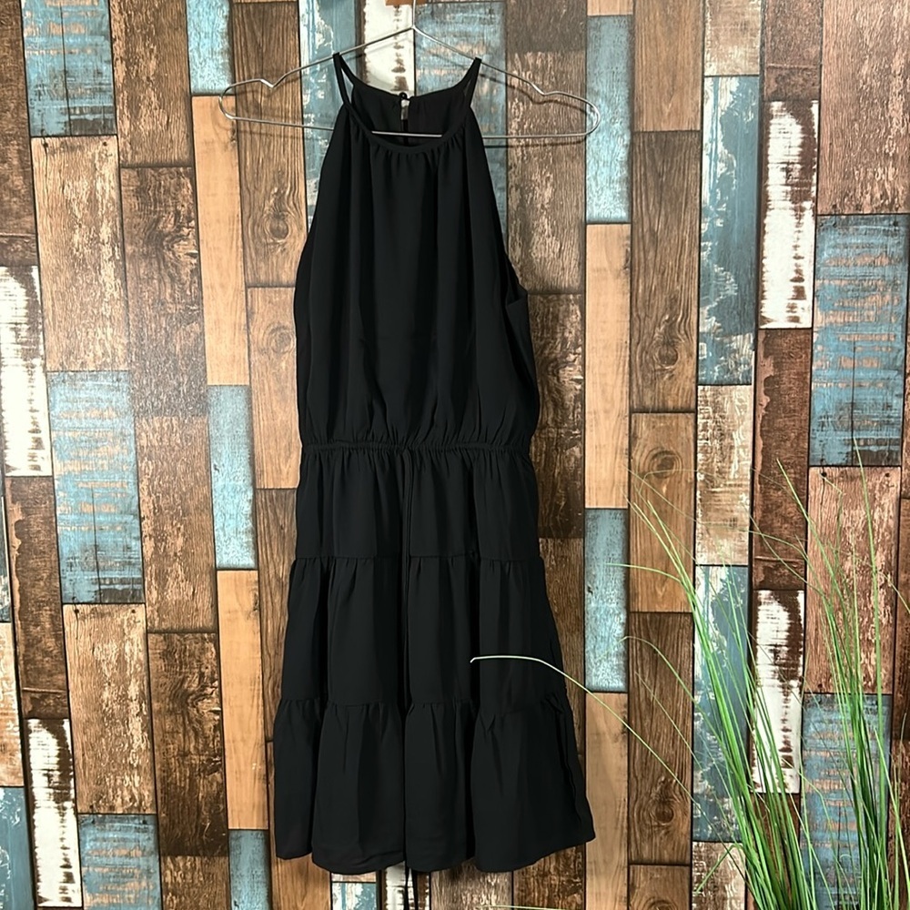 NWOT small black high neck tiered skirt elastic waistband dress